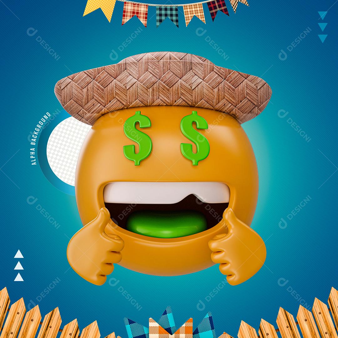 Emoji Feliz Com Chapéu De Palha e Mão Dando Joia com Olhos de Dinheiro Elemento 3D PNG