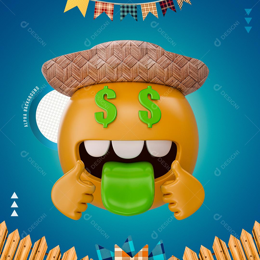 Emoji Com Chapéu De Palha e Mão Dando Joia com Olhos de Dinheiro Elemento 3D PNG