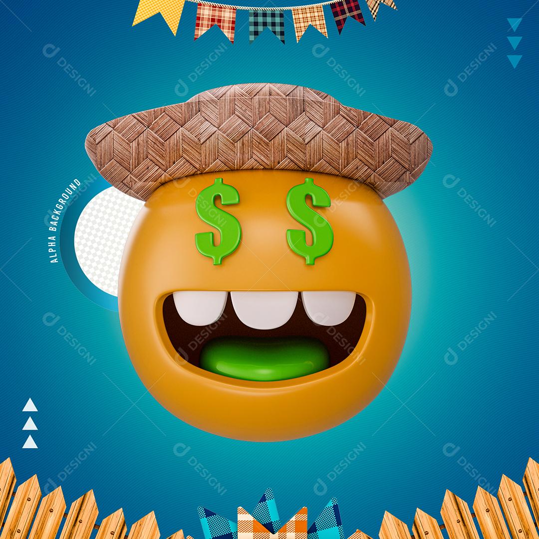 Emoji Sorrindo Com Chapéu De Palha Com Olhos De Dinheiro Elemento 3D PNG