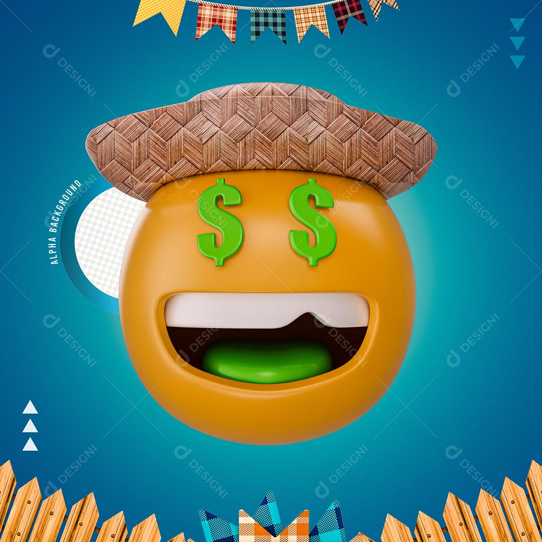 Elemento 3D Emoji Com Chapéu De Palha Com Olhos De Dinheiro PNG