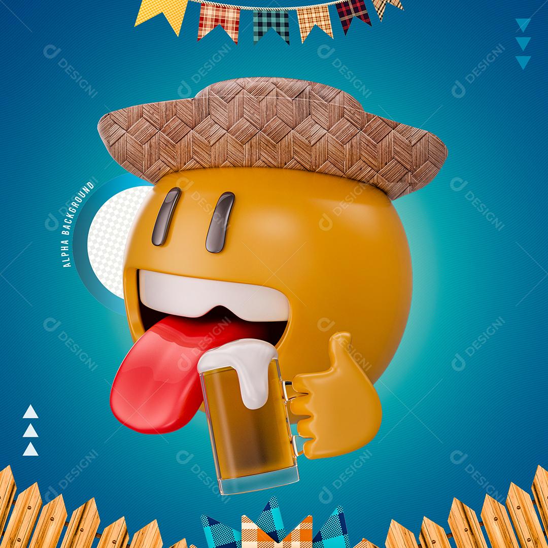 Elemento 3D Emoji Com Chapéu De Palha e Mão Segurando Cerveja PNG