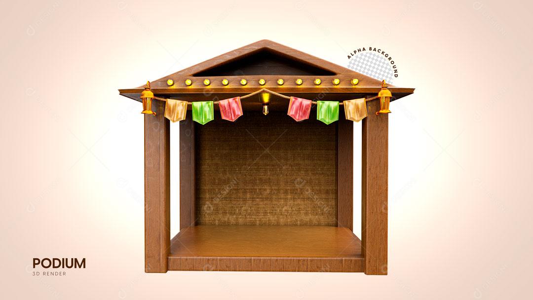 Elemento 3D Casa De Madeira Com Lâmpadas e Bandeiras Coloridas PSD