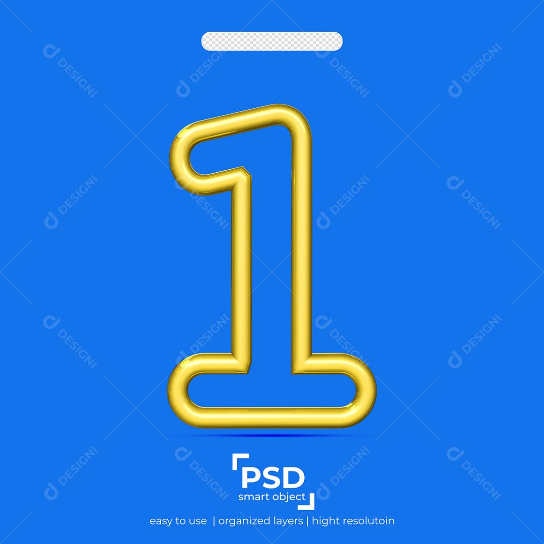 Número 3D 1 Dourado Efeito Quatro Linha Para composição PSD