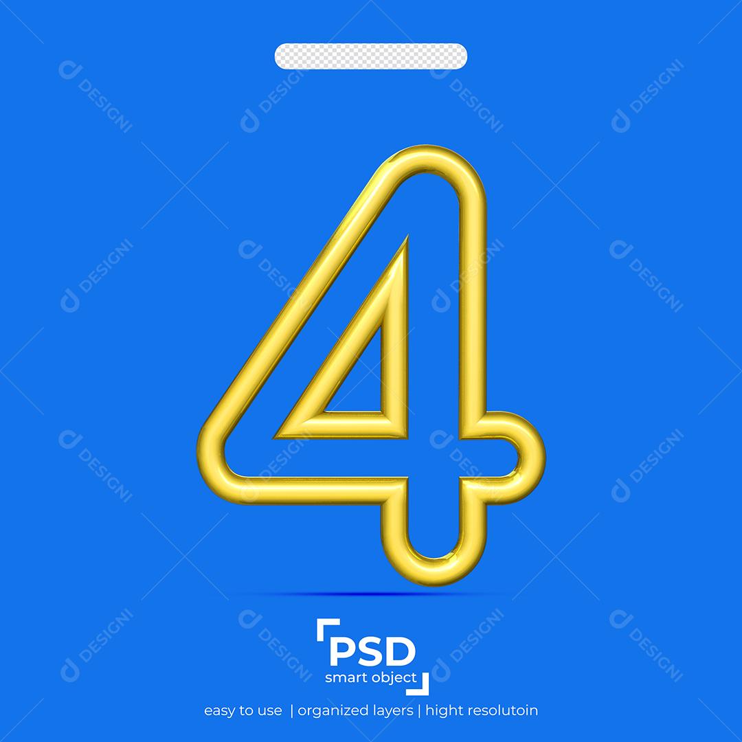 Número 3D 4 Dourado Linha Dupla Para composição PSD