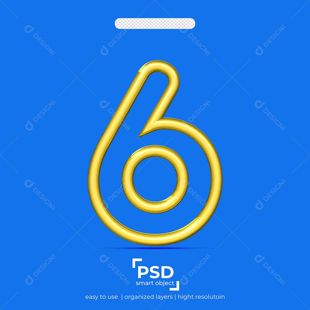 Número 3D 6 Dourado Linha Dupla Para composição PSD