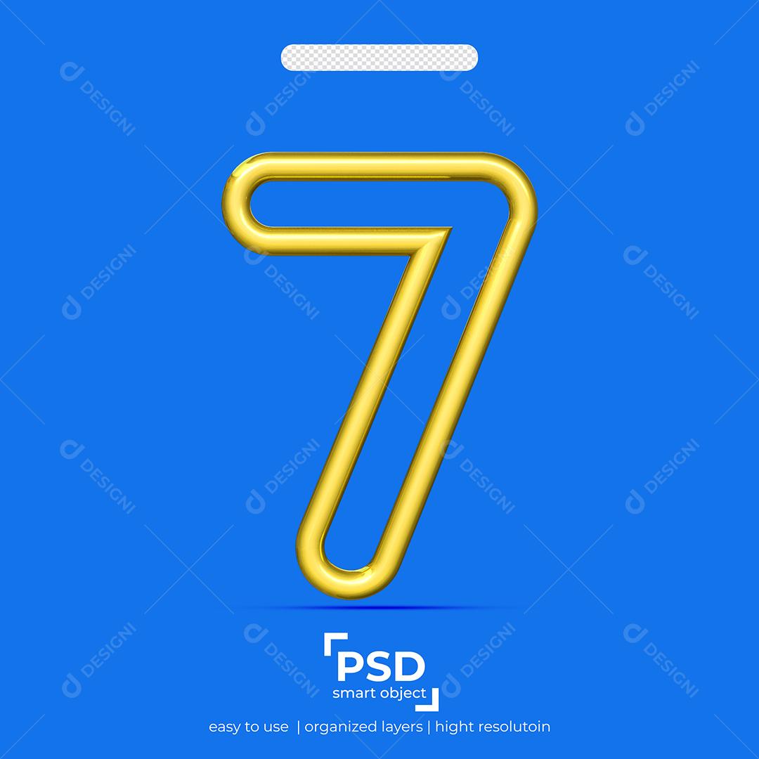 Número 3D 7 Dourado Linha Dupla Para composição PSD