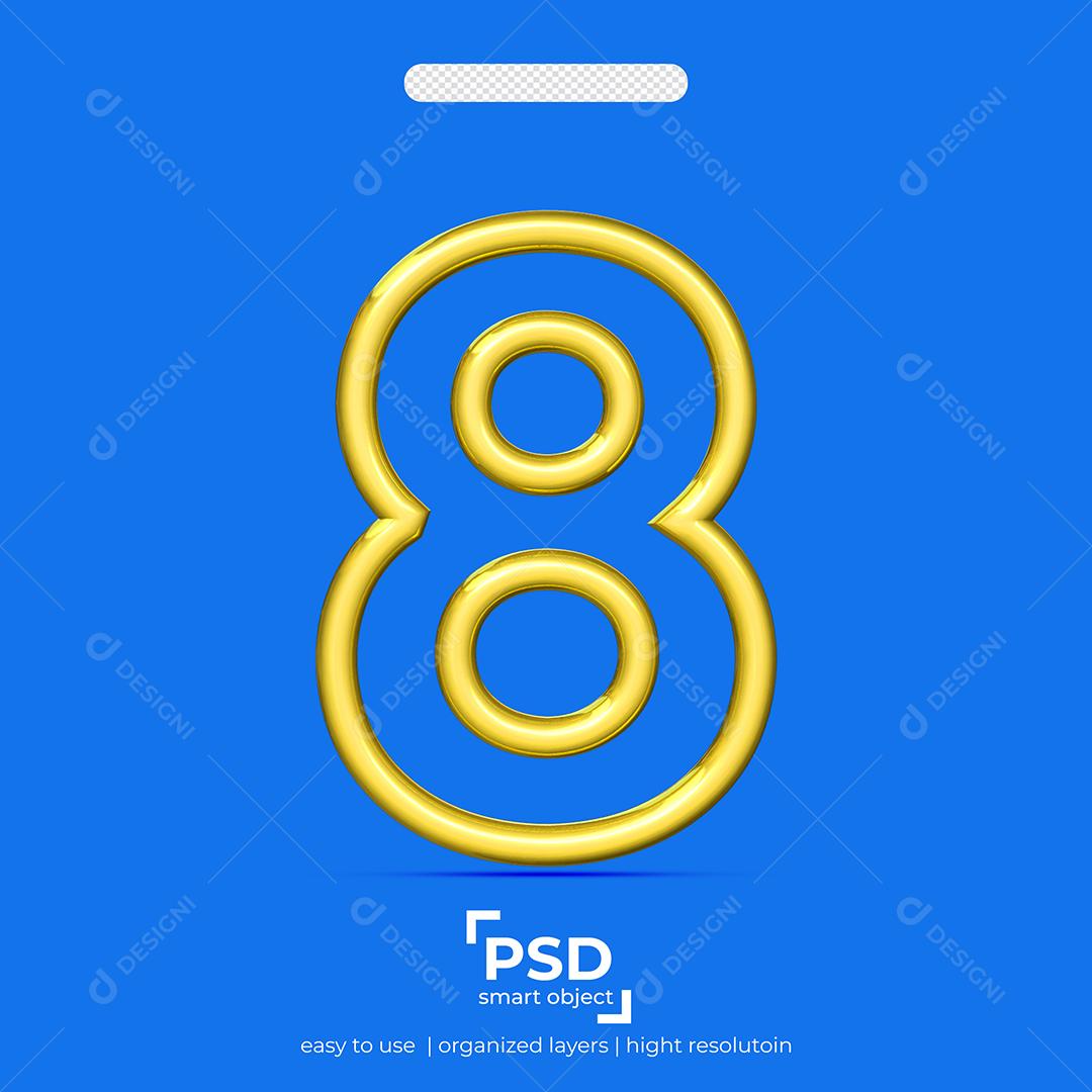 Número 3D 8 Dourado Linha Dupla Para composição PSD
