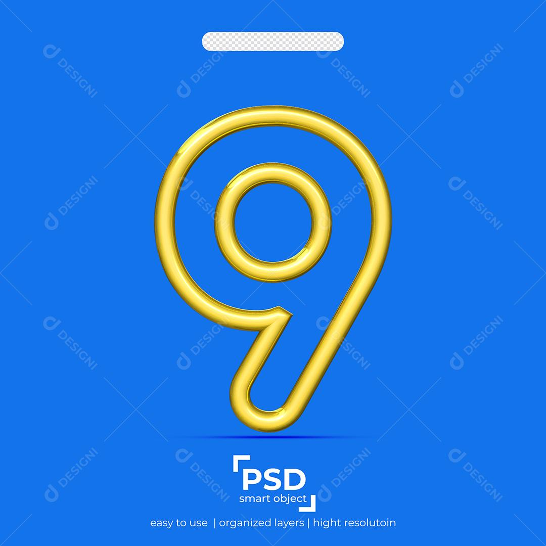 Número 3D 9 Dourado Linha Dupla Para composição PSD