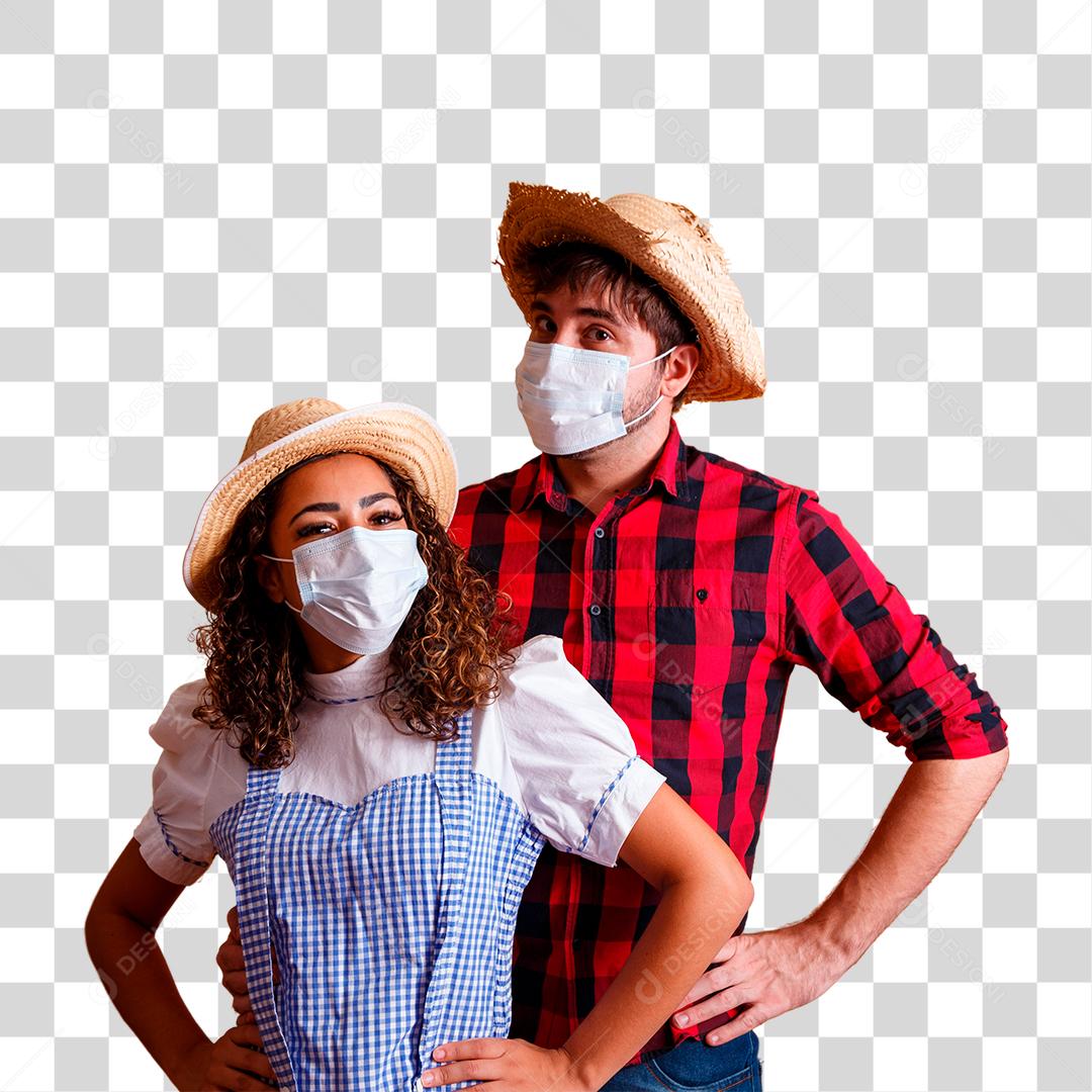 Casal vestindo roupas típicas para a Festa Junina e máscara de proteção