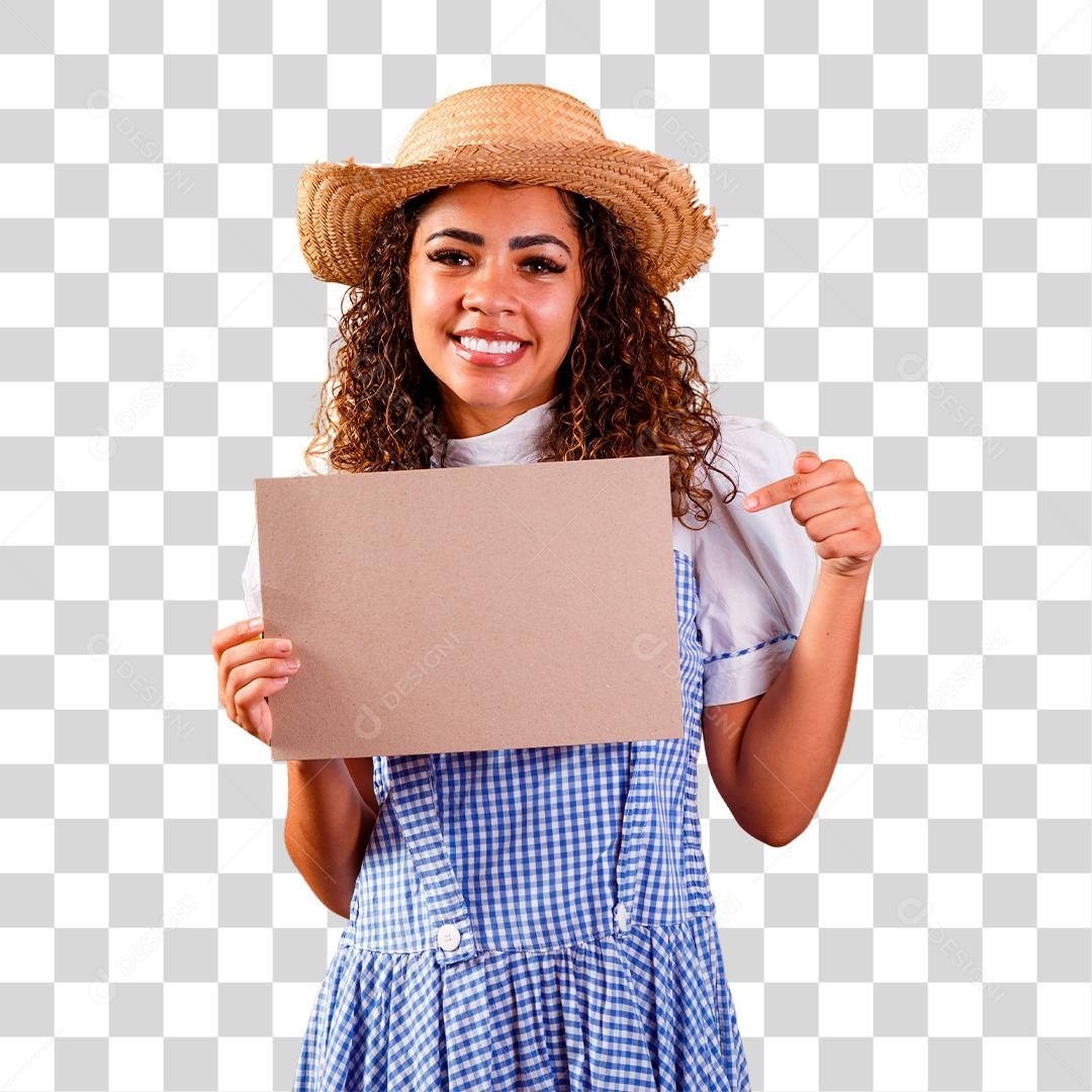 Mulher alegre segurando placa de papel e apontando para ela PNG Transparente