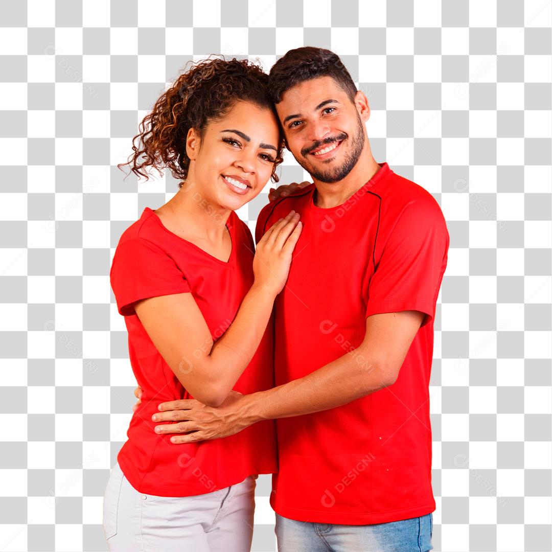 Casal com roupas vermelha sorrindo é se abraçando PNG Transparente