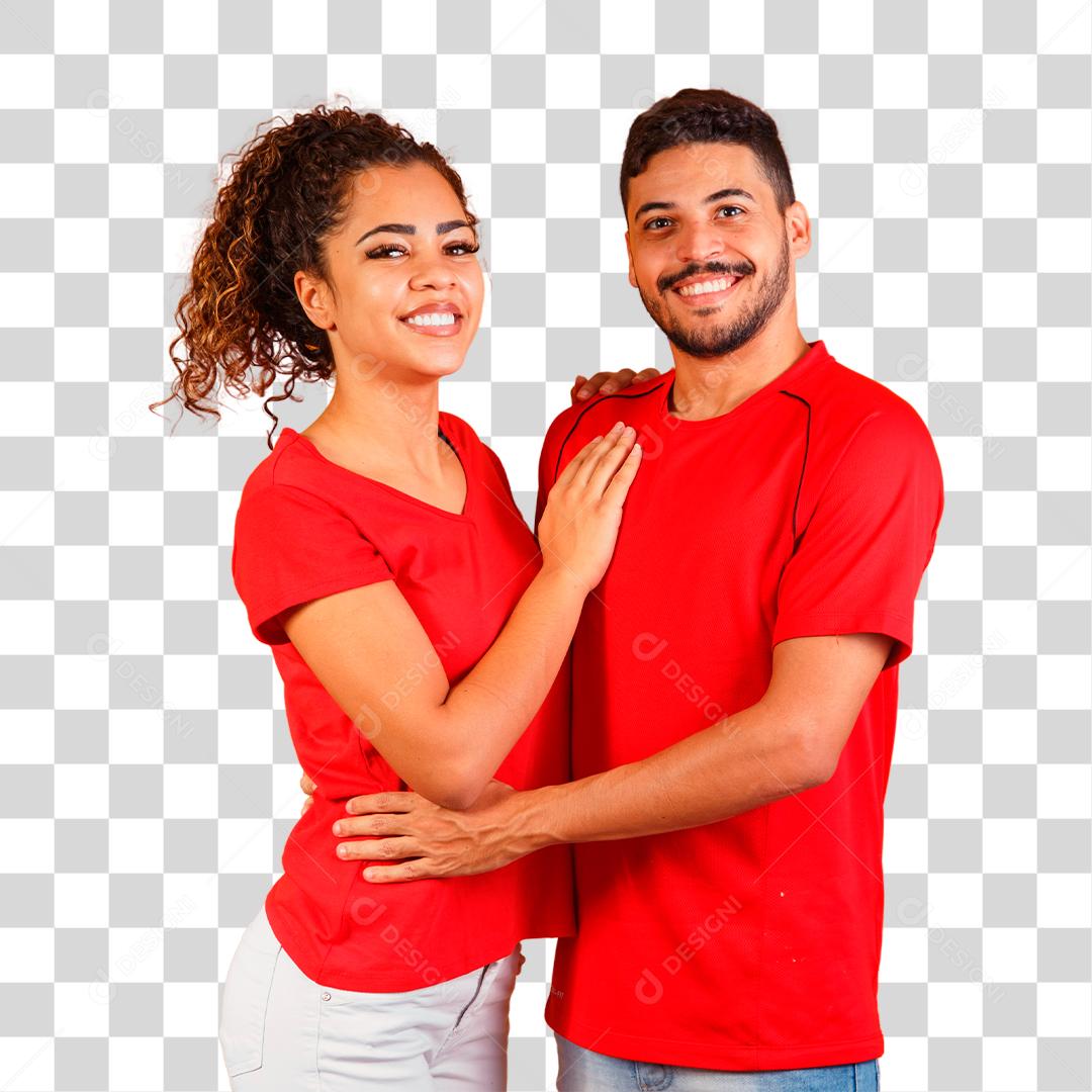 Casal com roupas vermelha sorrindo para a câmera PNG Transparente