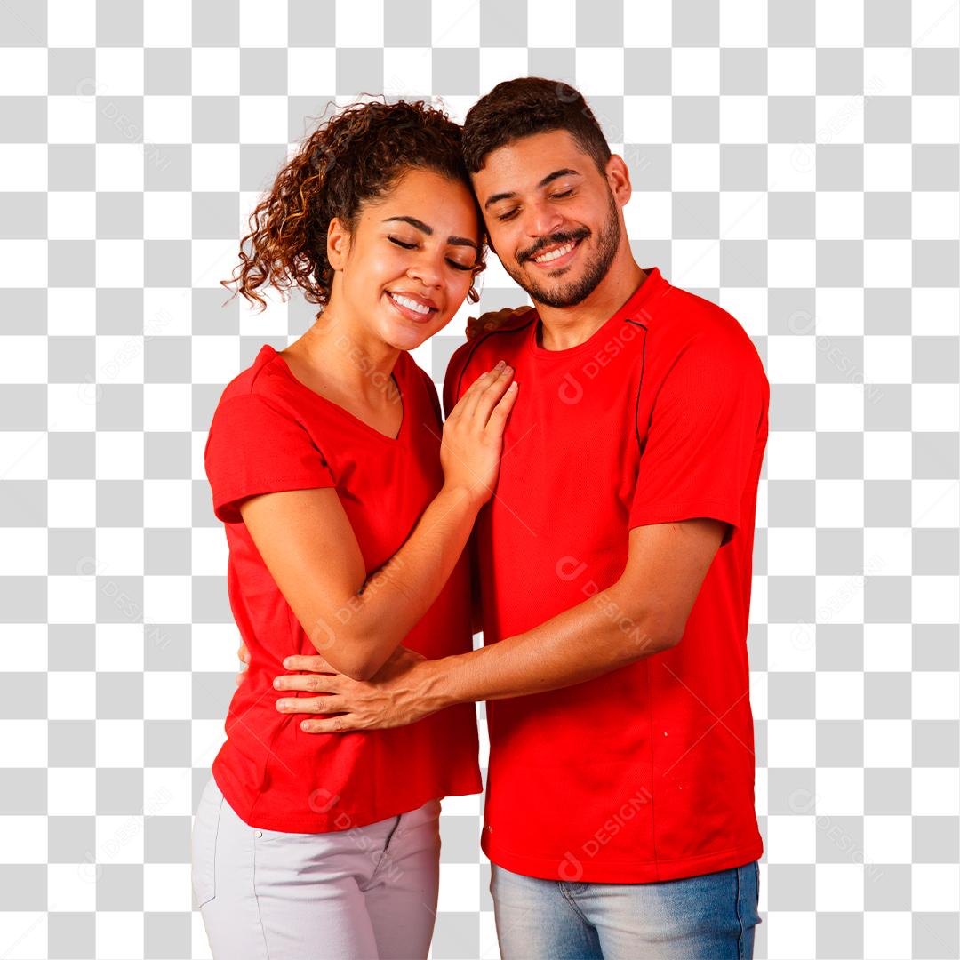 Casal de roupas vermelha básicas sorrindo PNG Transparente