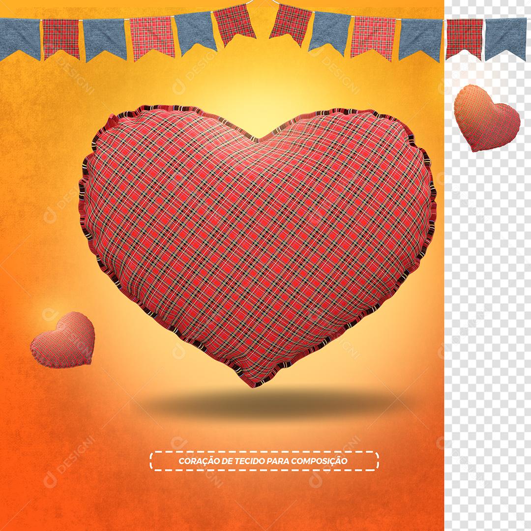 Coração de Tecido Xadrez 3D de São João Elemento Para Composição PSD