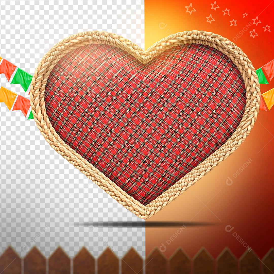 Coração Xadrez 3D de São João Elemento Para Composição PSD