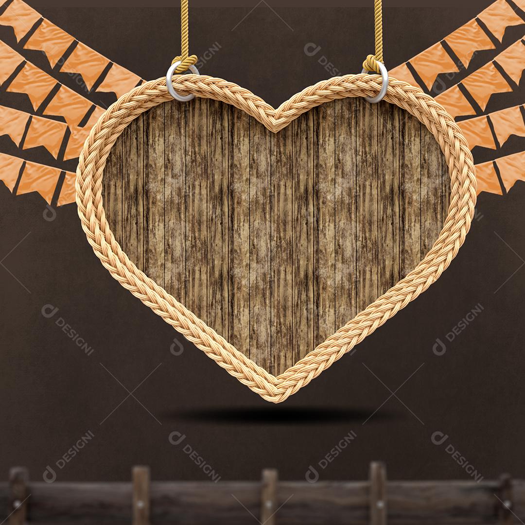 Elemento 3D Coração de Madeira de São João Para Composição PSD
