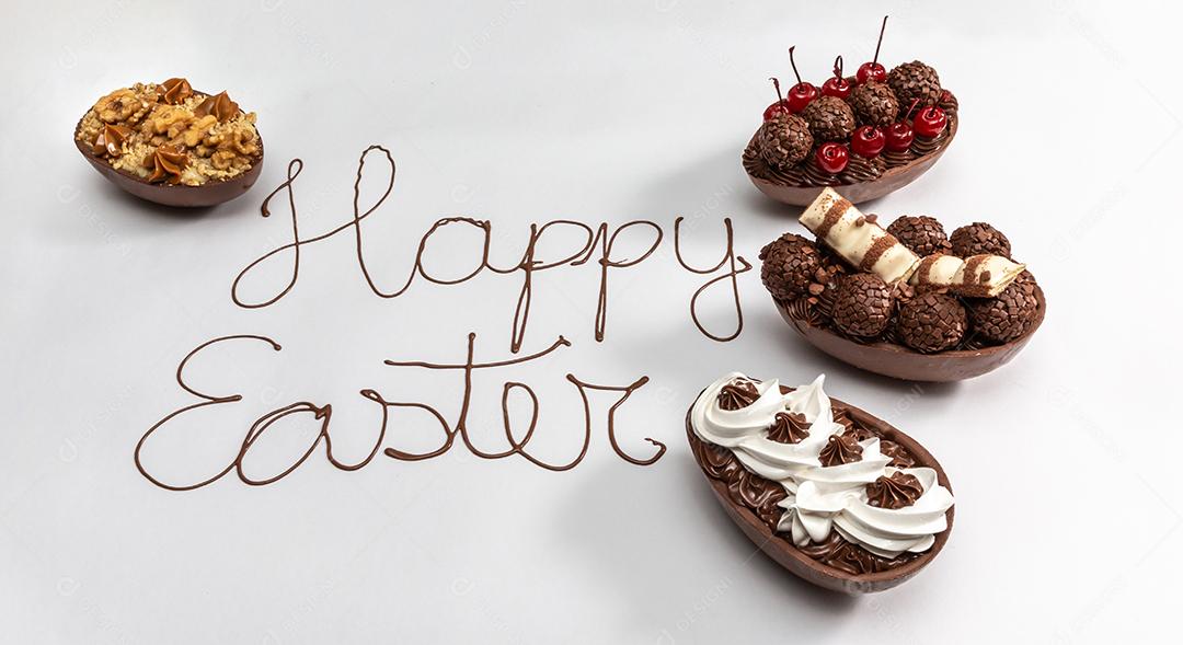 Feliz Páscoa escrito com chocolate derretido no fundo branco