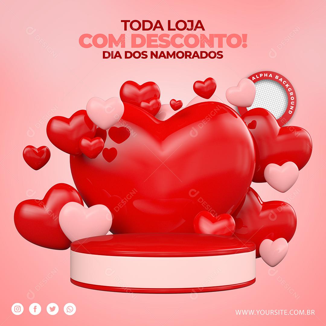 Elemento 3D Dia Dos Namorados Corações e Podium para Composição PSD