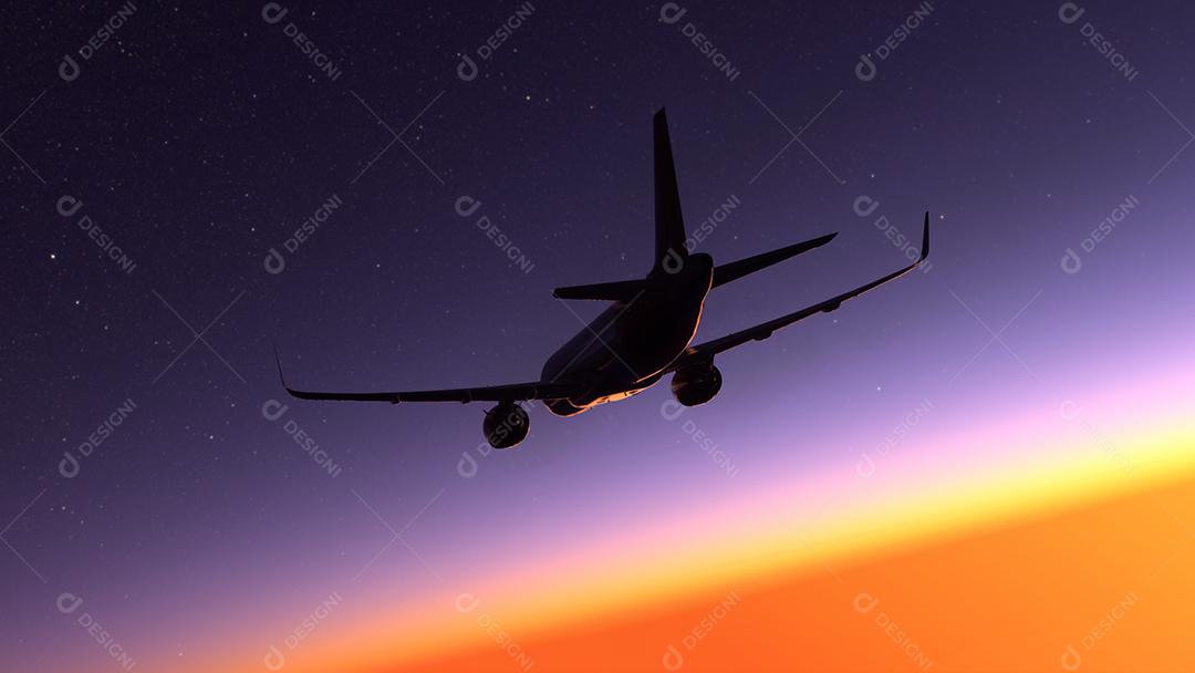 Avião comercial voando sobre o pôr do sol incrível