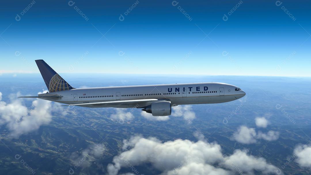 Boeing 777 200ER United Airlines voando sobre as nuvens, 6 de junho de 2022, São Paulo, Brasil.