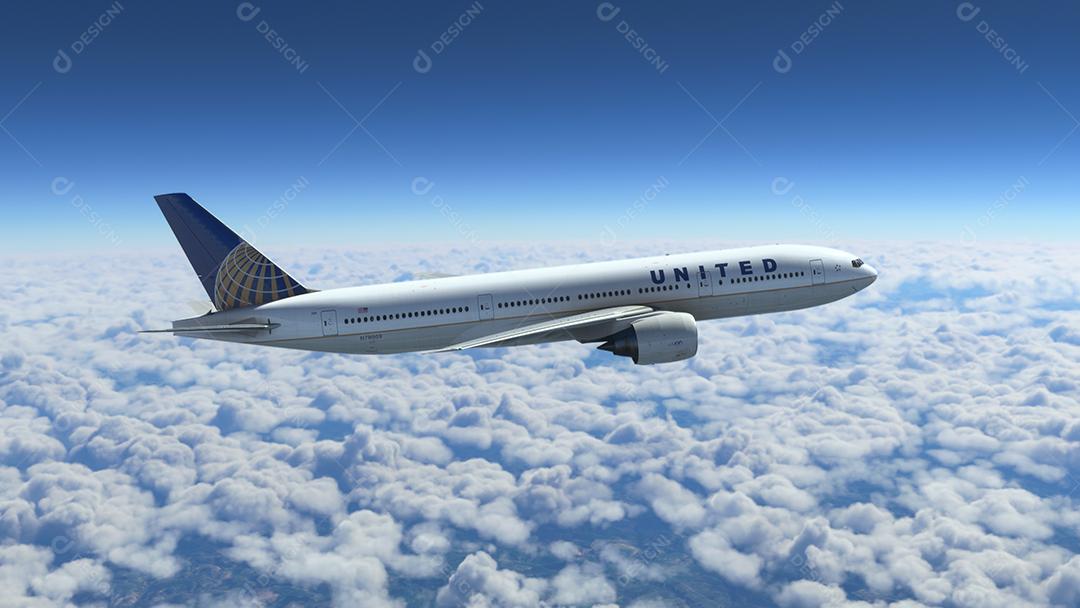 Boeing 777 200ER United Airlines voando sobre as nuvens, 6 de junho de 2022, São Paulo, Brasil.