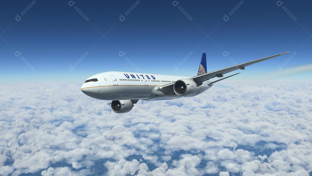 Boeing 777 200ER United Airlines voando sobre as nuvens, 6 de junho de 2022, São Paulo, Brasil.