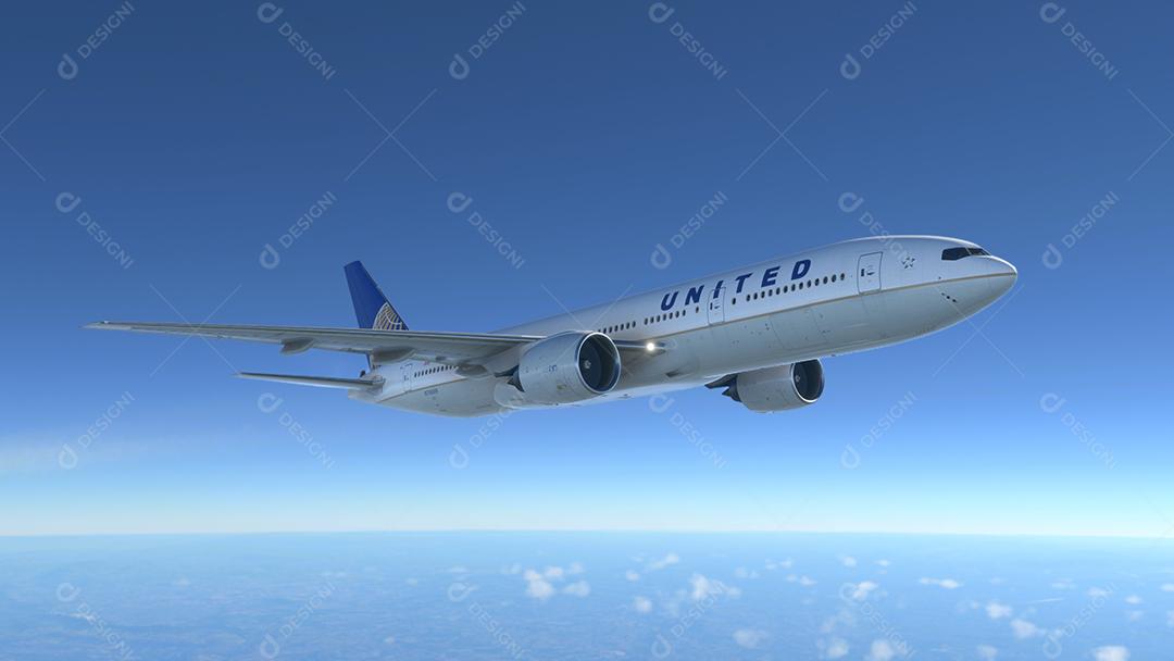 Boeing 777 200ER United Airlines voando sobre as nuvens, 6 de junho de 2022, São Paulo, Brasil.