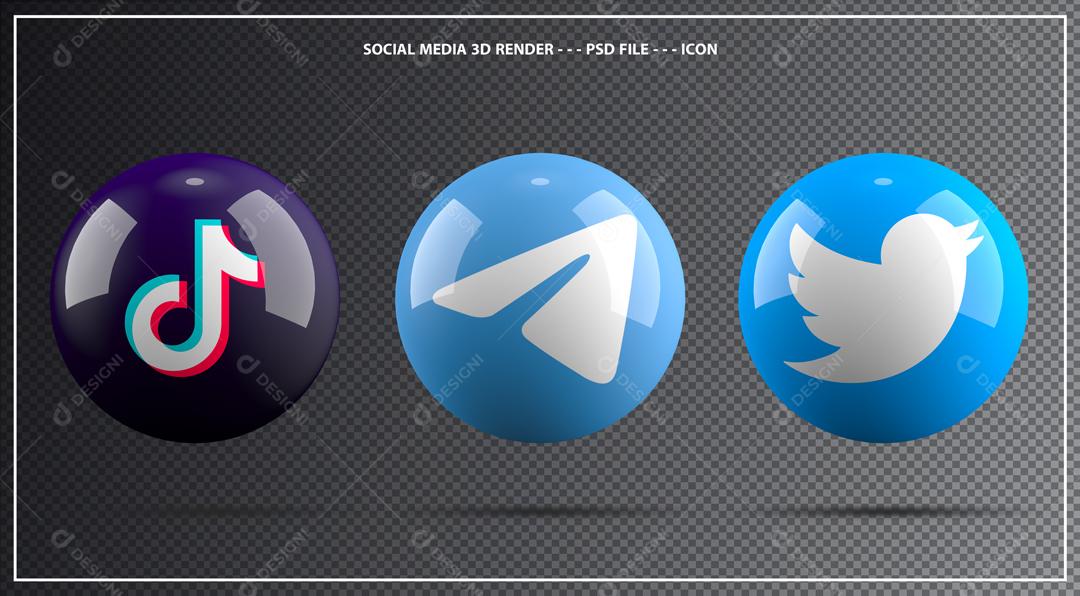 Ícones Redes Sociais Tiktok Telegram e Twitter Elemento PSD