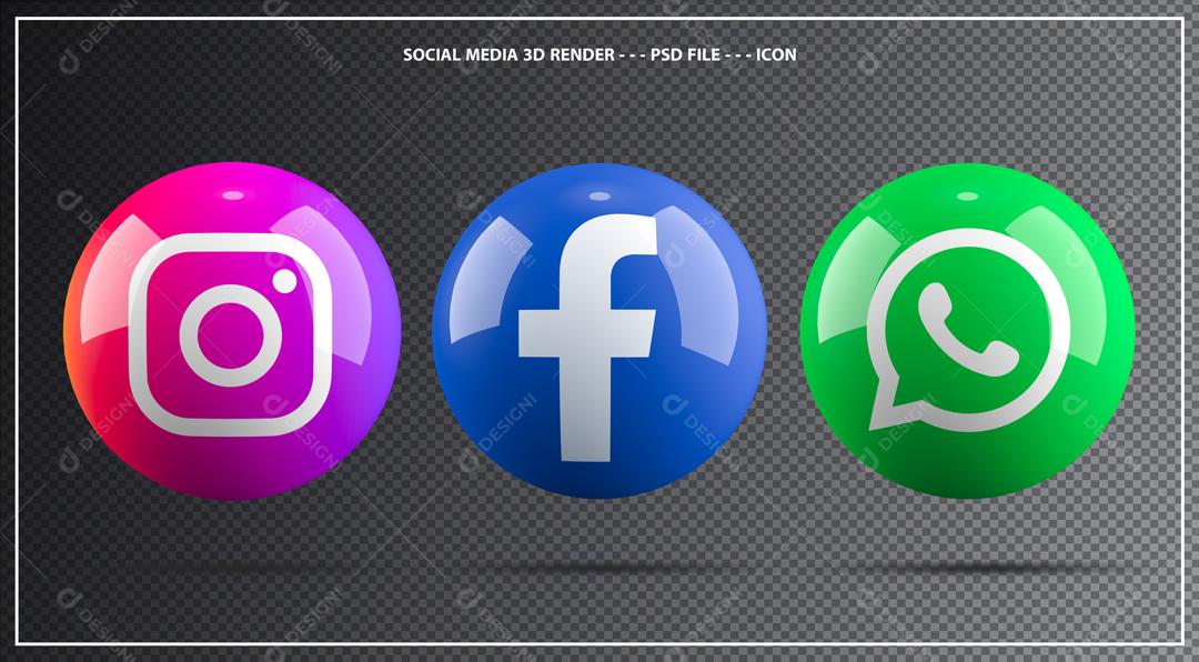 Ícones Redes Sociais Facebook Instagram e Whatsapp Elemento PSD