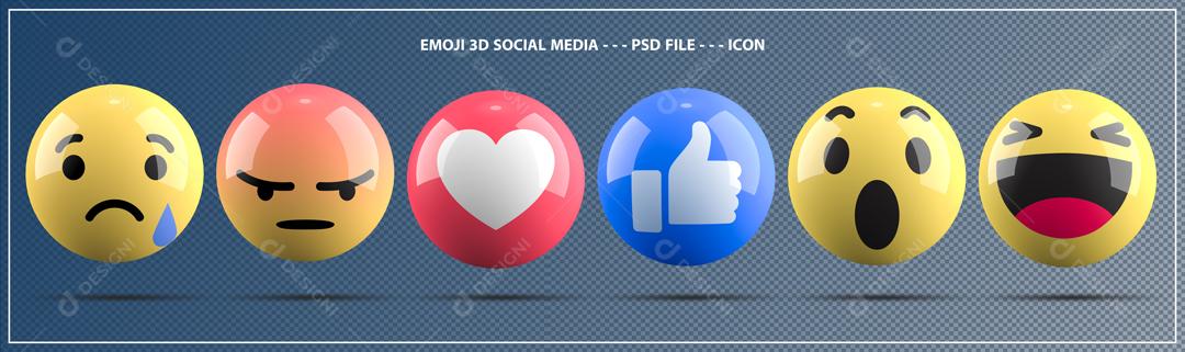 Emojis 3D Reação Bravo triste like surpreso feliz Elemento 3D Para Composição PSD