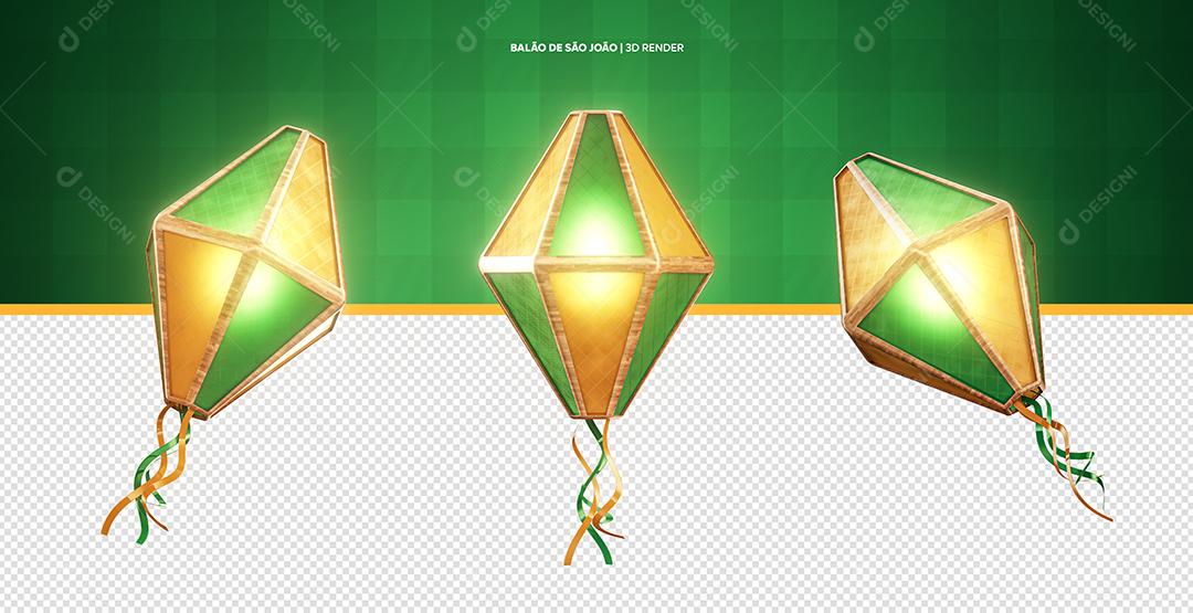 Balões de São João Verde e Amarelo Elemento 3D Para Composição PSD