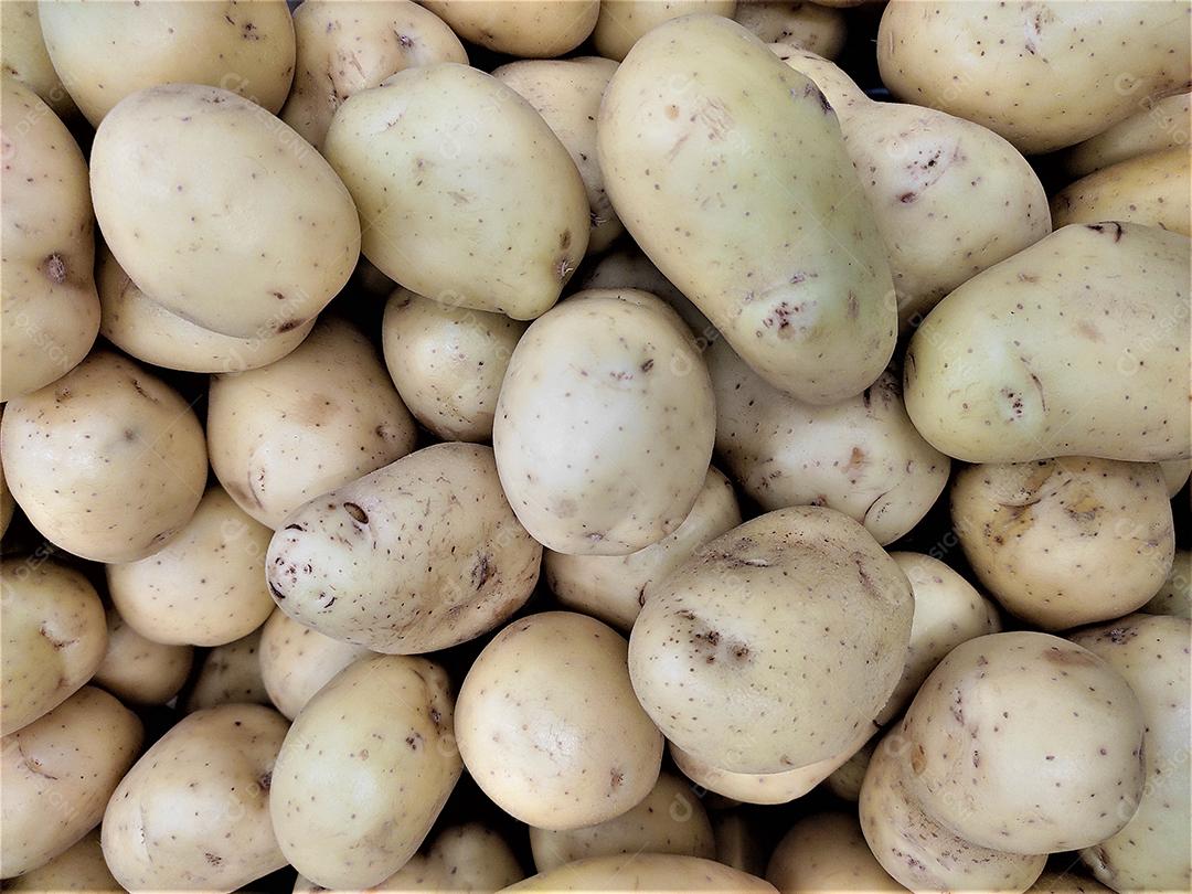 Verduras batata sobre pratileiras de mercado supermercado