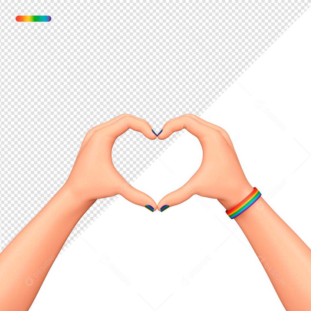 Elemento 3D Mão Gesto De Coração Com Unhas De Preto e Pulseira Colorida PSD