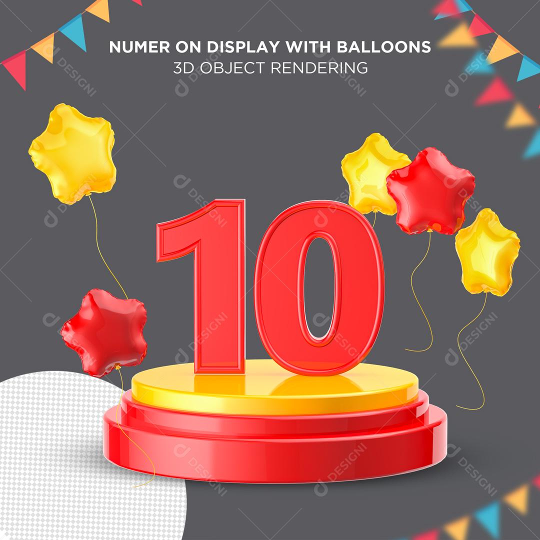 Número 3D 10 Vermelho em Podium Elemento para Composição PSD