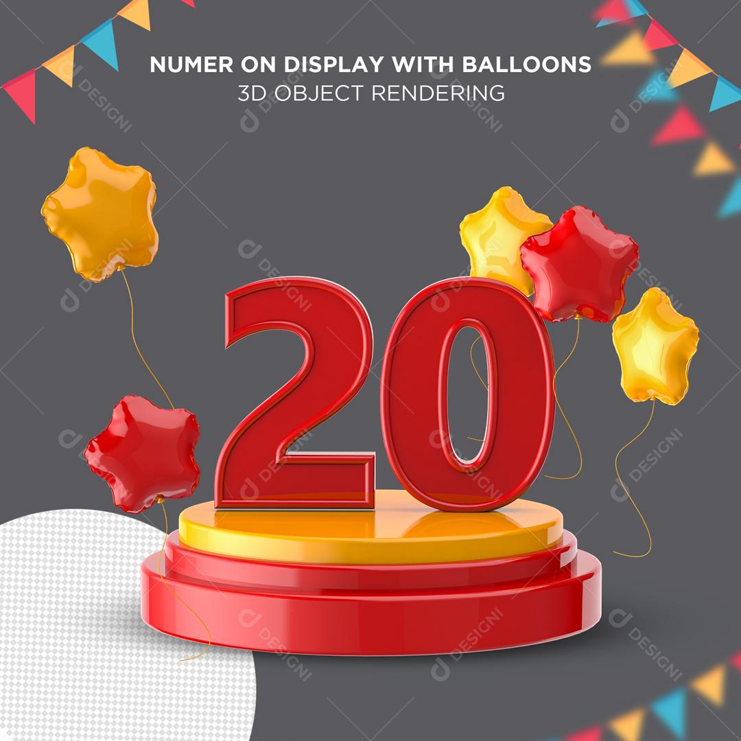 Número 3D 20 Vermelho em Podium Elemento para Composição PSD
