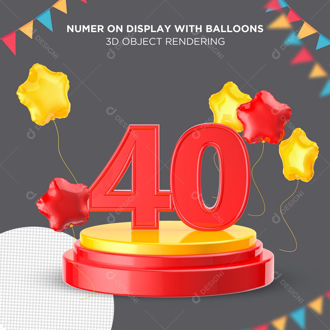 Número 3D 40 Vermelho em Podium Elemento para Composição PSD