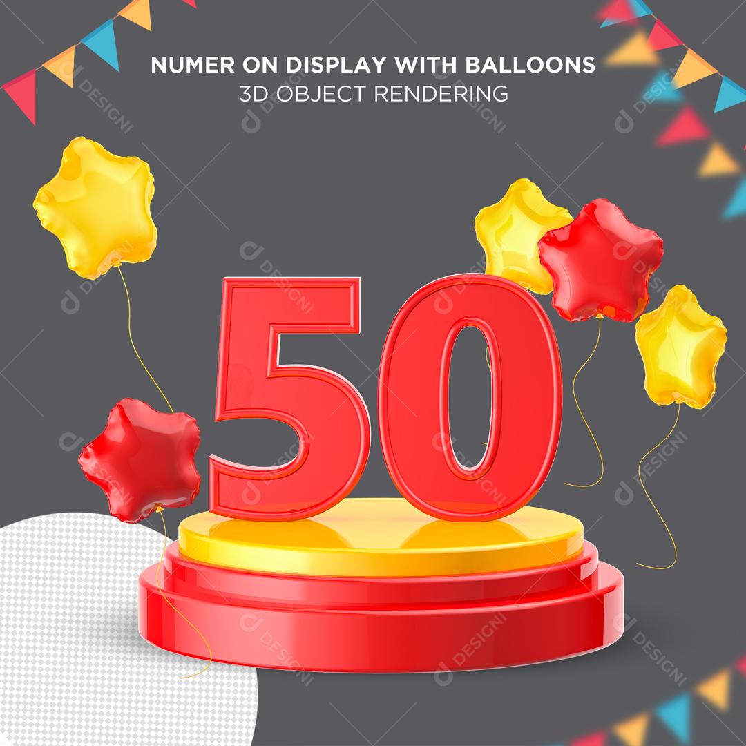 Número 3D 50 Vermelho em Podium Elemento para Composição PSD