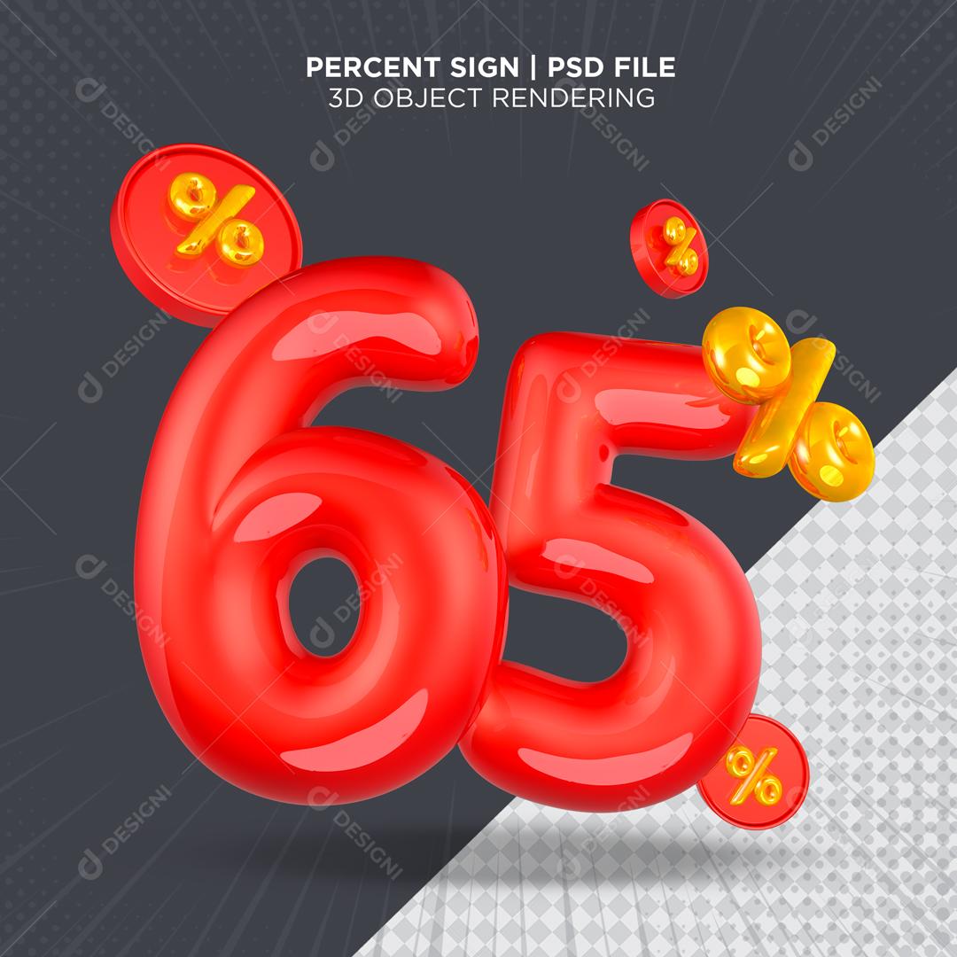 Número 3D 65% Vermelho Elemento Para Composição PSD
