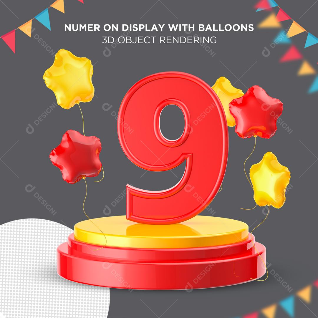 Número 3D 9 Vermelho em Podium Elemento para Composição PSD