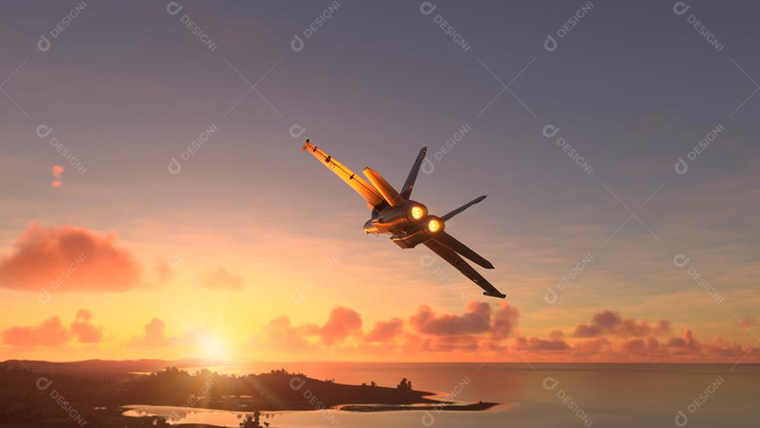 Aeronaves militares voando sobre as nuvens no pôr do sol incrível