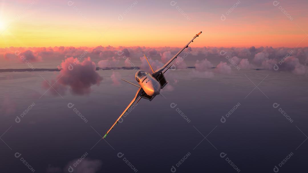 Aeronaves militares voando sobre as nuvens no pôr do sol incrível