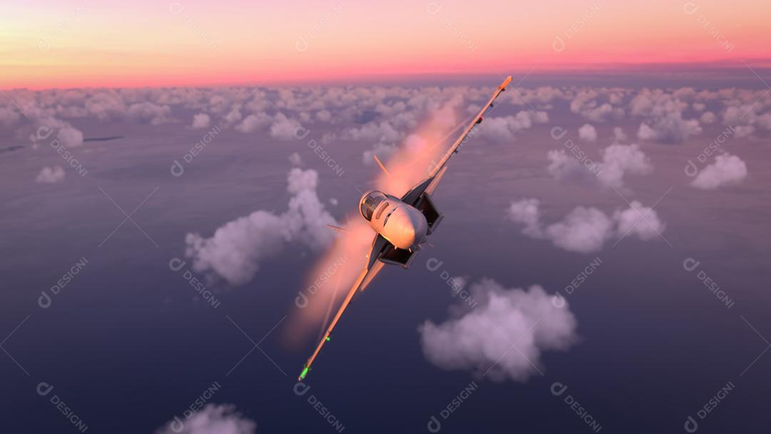 Aeronaves militares voando sobre as nuvens no pôr do sol incrível