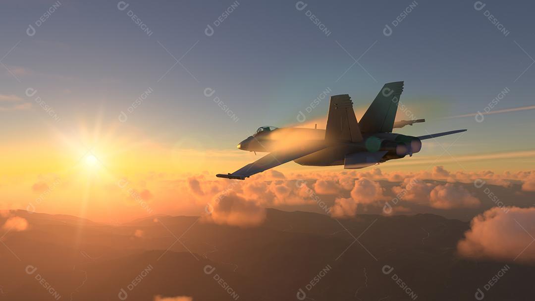 Aeronaves militares voando sobre as nuvens no pôr do sol incrível