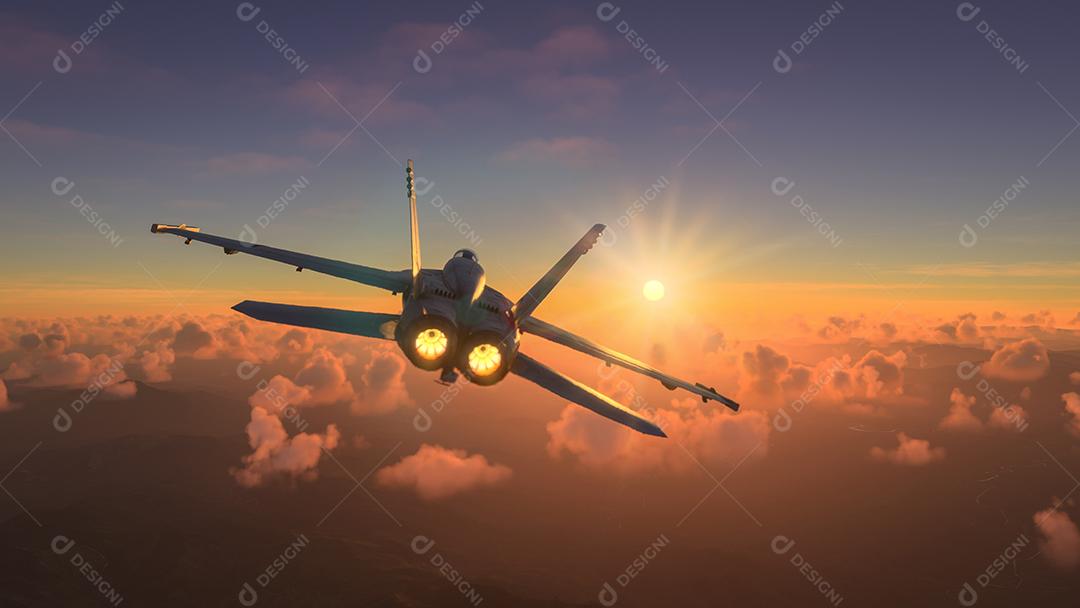 Aeronaves militares voando sobre as nuvens no pôr do sol incrível