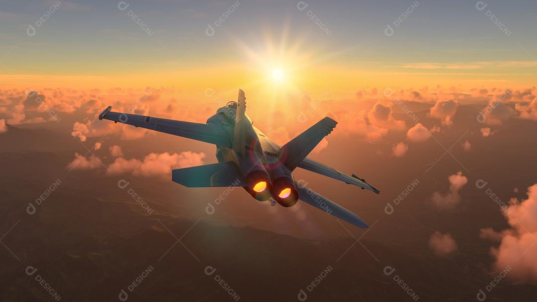 Aeronaves militares voando sobre as nuvens no pôr do sol incrível