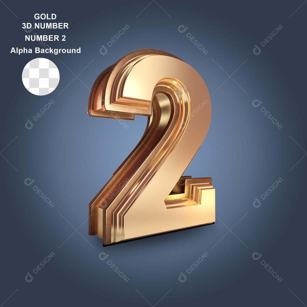 Número 3D 2 Dourado Para composição PSD