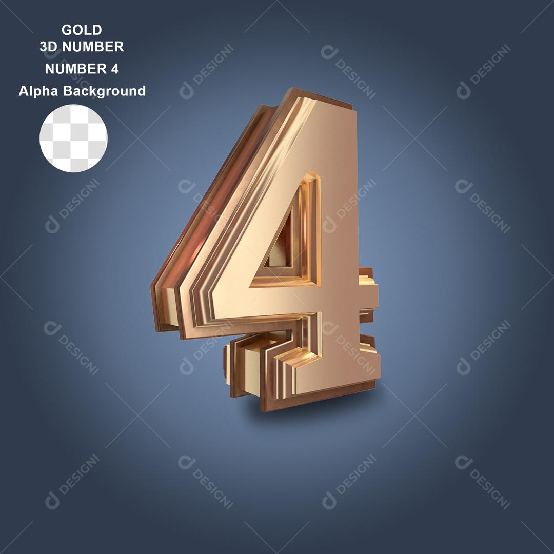 Número 3D 4 Dourado Para composição PSD