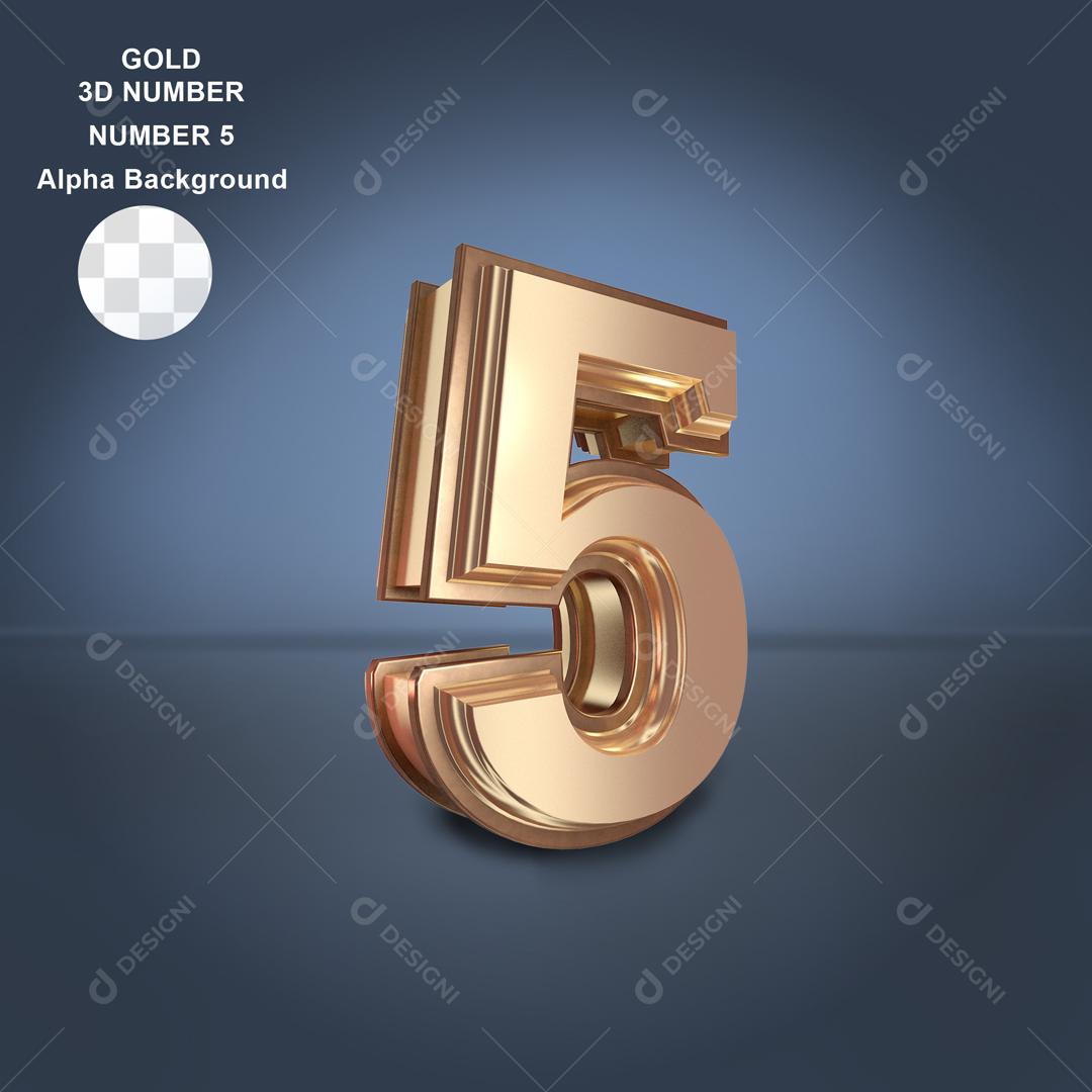 Número 3D 5 Dourado Para composição PSD