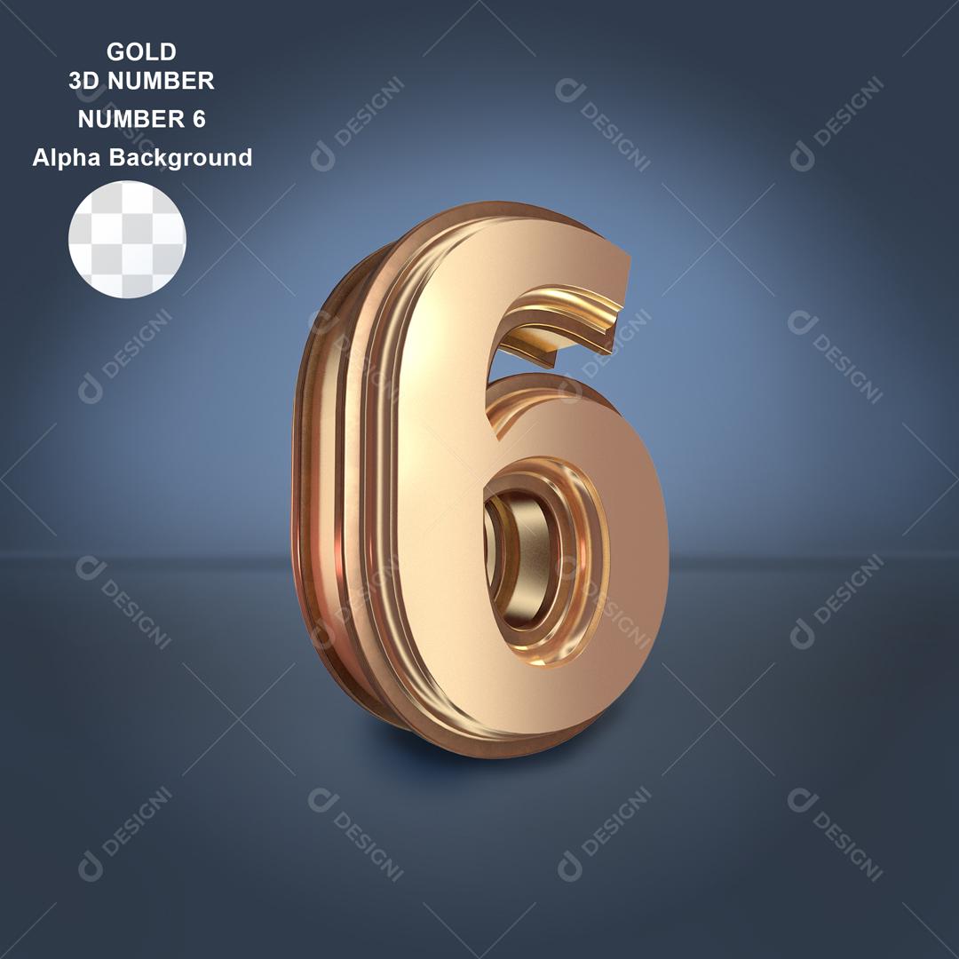 Número 3D 6 Dourado Para composição PSD