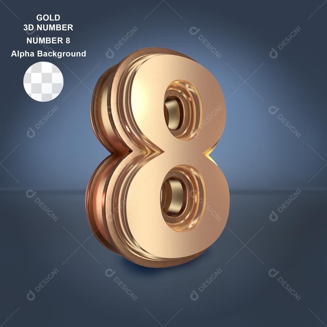 Número 3D 8 Dourado Para composição PSD